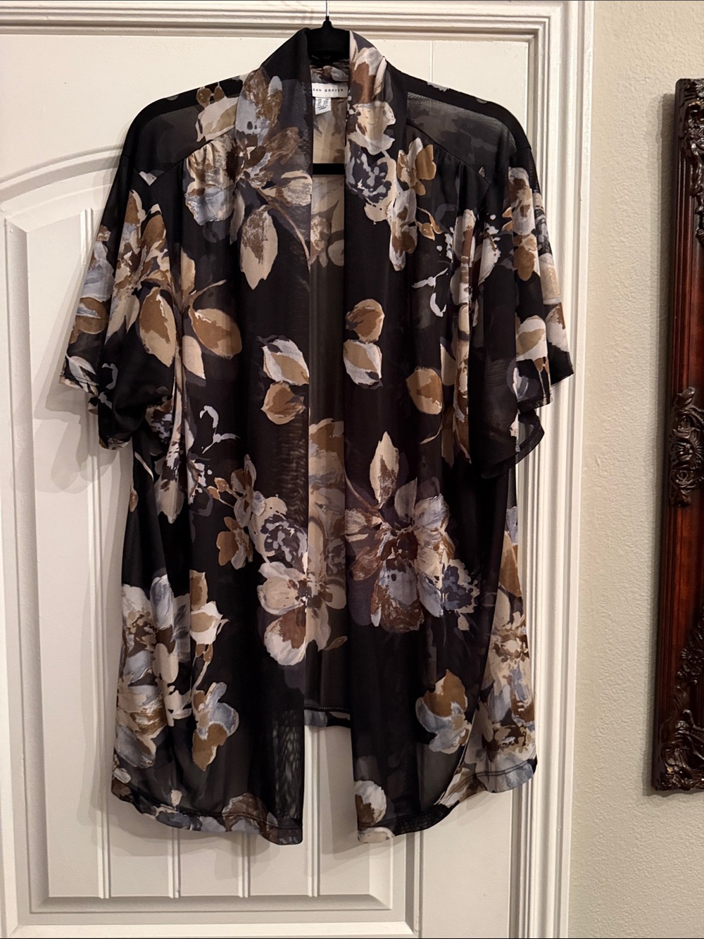 Susan Graver Sheer Floral Kimono Cardigan - Black, Brown & Cream